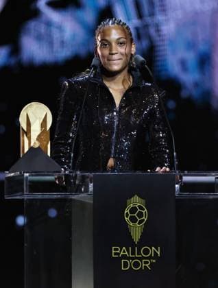 (250923) -- PARIS, Sept. 23, 2025 -- Barcelona s Spanish midfielder Vicky Lopez speaks after receiving the Kopa Trophy for the best under-21 player during the 2025 Ballon d Or France Football award ceremony at the Theatre du Chatelet in Paris, France, on Sept. 22, 2025. ) (SP)FRANCE-PARIS-FOOTBALL-BALLON D OR CEREMONY GaoxJing 