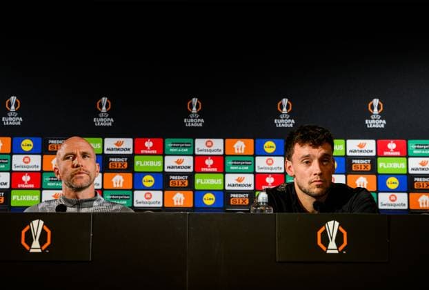 250923 Head coach Henrik Rydström and Colin Rösler of Malmö FF at a press conference, PK, Pressekonferenz on September 23, 2025 in Malmö. Photo: Ludvig Thunman BILDBYRAN kod LT LT0729 fotboll football soccer fotball uefa europa league europa league presskonferens press conference malmö ff bbeng Copyright: LUDVIGxTHUNMAN BB250923LT050