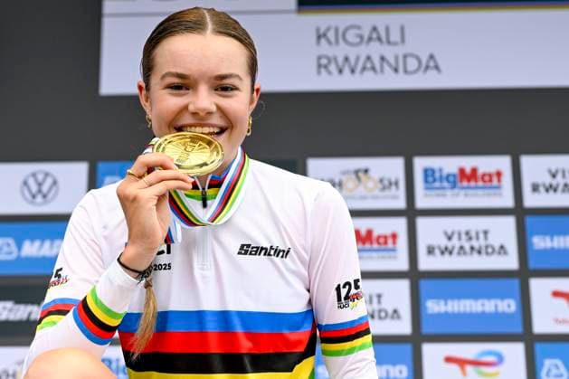 UCI 2025 Road World Championship, WM, Weltmeisterschaft Kigali 23 09 2025 KIGALI, RWANDA - SEPTEMBER 23 : Arens Megan (NED) during the Women Junior Individual Time Trial of the UCI Road World Championships 2025 92nd edition an UCI World Championships cycling race of 18.3 km with start in Kigali and finish in Kigali on September 23, 2025 in Kigali, Rwanda, 23 09 2025 Kigali Rwanda  Copyright: xJanxDexMeuleneirx