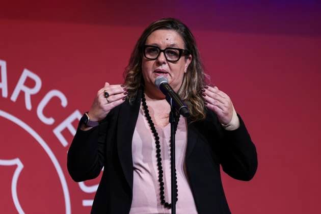 September 23, 2025, Barcelona, Barcelona, SPAIN: Elena Fort, institutional vice president of FC Barcelona, Barca attends her press conference, PK, Pressekonferenz to report on her visit to the construction site of Spotify Camp Nou Stadium on September 23, 2025 in Barcelona, Spain. Barcelona SPAIN - ZUMAa181 20250923_zaa_a181_026 Copyright: xJavierxBorregox