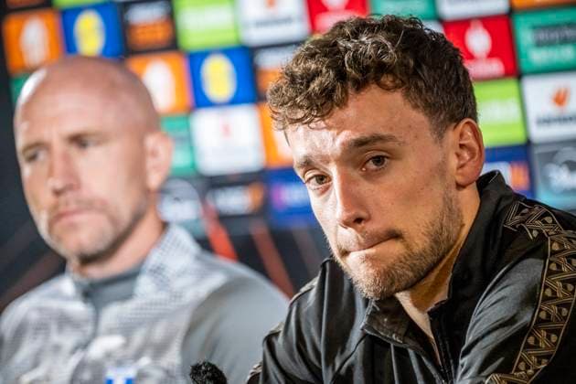 MALMÖ 2025-09-23 Malmö FF:s tränare Henrik Rydström och Colin Rösler vid tisdagens presskonferens pa Nya Malmö Stadion inför Europa League-matchen mot Ludogorets. MALMÖ SVERIGE x50090x