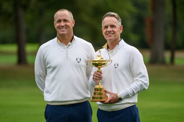250923 Vice Captain Alex NorÃ n and Team Captain Luke Donald pose for a photo during a photo session on day -3 of the Ryder Cup on September 23, 2025 in New York. Photo: Jesper Zerman BILDBYRAN kod JZ JZ0614 golf ryder cup usa europe bbeng Copyright: JESPERxZERMAN BB250923JZ005