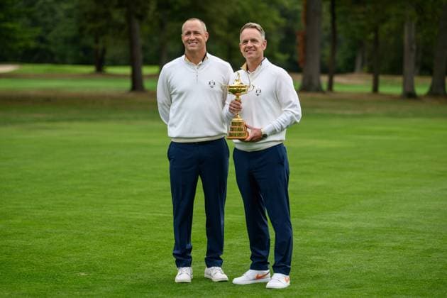 250923 Vice Captain Alex NorÃ n and Team Captain Luke Donald pose for a photo during a photo session on day -3 of the Ryder Cup on September 23, 2025 in New York. Photo: Jesper Zerman BILDBYRAN kod JZ JZ0614 golf ryder cup usa europe bbeng Copyright: JESPERxZERMAN BB250923JZ007
