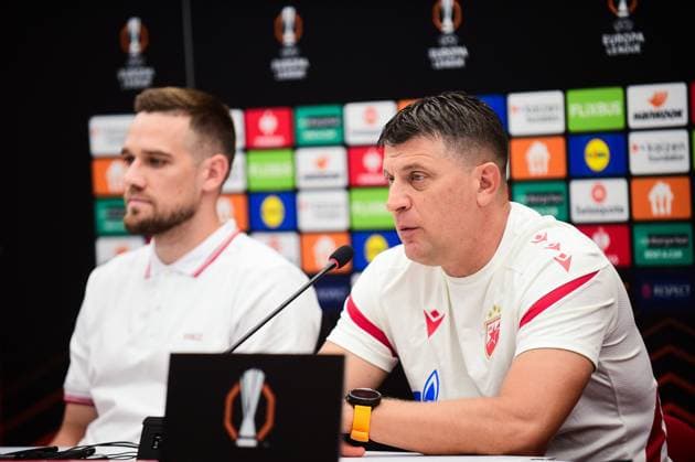 Head Coach Vladan Milojevic of Crvena Zvezda and Timi Max Elsnik of Crvena Zvezda Celtic Training Session and press conference, PK, Pressekonferenz UEFA Europa League, Football, Rajko Mitic Stadium, Belgrade, Serbia - 23 Sep 2025Belgrade Rajko Mitic Stadium Serbia EDITORIAL USE ONLY No use with unauthorised audio, video, data, fixture lists, club league logos or live services. Online in-match use limited to 120 images, no video emulation. No use in betting, games or single club league player publications. Copyright: xNikolaxKrstic Shutterstockx 15498416r