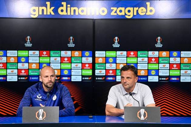 PXL_GNK DInamo UEFA press GNK DInamo player Josip Misic and head coach Mario Kovacevic during press conference, PK, Pressekonferenz on the occasion of UEFA Europe League match with Fenerbahce F.K. in Zagreb, Croatia on 23. September 2025.  IgorxSoban PIXSELL