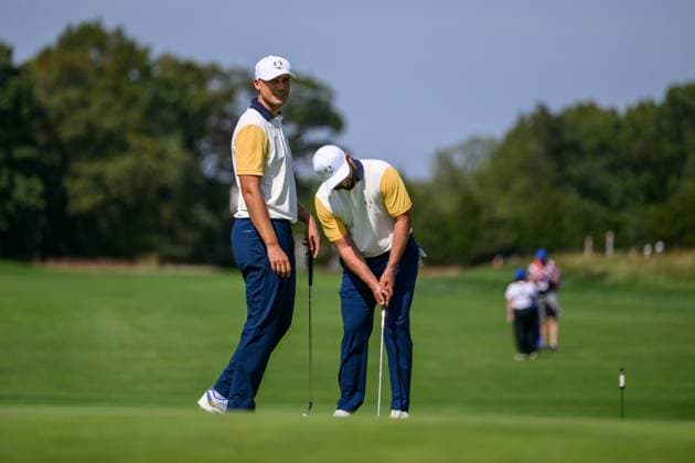 250923 Ludvig Aberg and Jon Rahm of Team Europe during a practice round on day -3 of the Ryder Cup on September 23, 2025 in New York. Photo: Jesper Zerman BILDBYRAN kod JZ JZ0614 golf ryder cup usa europe bbeng Copyright: JESPERxZERMAN BB250923JZ068