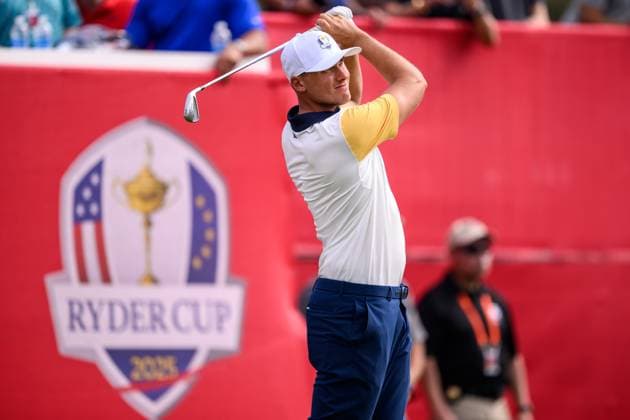 250923 Ludvig Aberg of Team Europe during a practice round on day -3 of the Ryder Cup on September 23, 2025 in New York. Photo: Jesper Zerman BILDBYRAN kod JZ JZ0614 golf ryder cup usa europe bbeng Copyright: JESPERxZERMAN BB250923JZ079