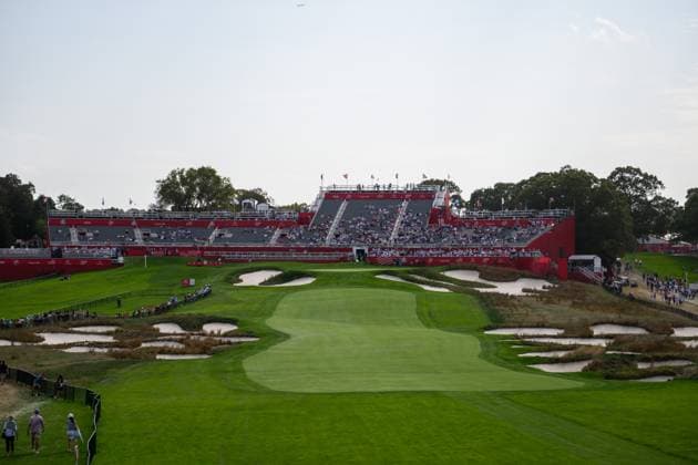 250923 View of the 18th hole during a practice round on day -3 of the Ryder Cup on September 23, 2025 in New York. Photo: Jesper Zerman BILDBYRAN kod JZ JZ0614 golf ryder cup usa europe bbeng Copyright: JESPERxZERMAN BB250923JZ081
