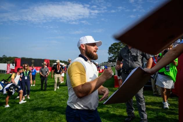 250923 Tyrrell Hatton of Team Europe during a practice round on day -3 of the Ryder Cup on September 23, 2025 in New York. Photo: Jesper Zerman BILDBYRAN kod JZ JZ0614 golf ryder cup usa europe bbeng Copyright: JESPERxZERMAN BB250923JZ083