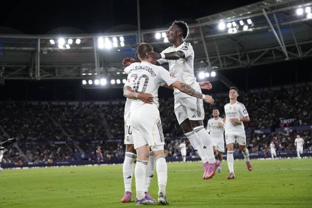 Levante UD v Real Madrid CF - LaLiga EA Sports VALENCIA, SPAIN - SEPTEMBER 23: Kylian Mbappe centre-forward of Real Madrid and France celebrates after scoring his sides first goal during the LaLiga EA Sports match between Levante UD and Real Madrid CF at Ciutat de Valencia on September 23, 2025 in Valencia, Spain. Jose Hernandez Anadolu Valencia Spain. Editorial use only. Please get in touch for any other usage.  Copyright: x2025xAnadoluxJosexHernandezx