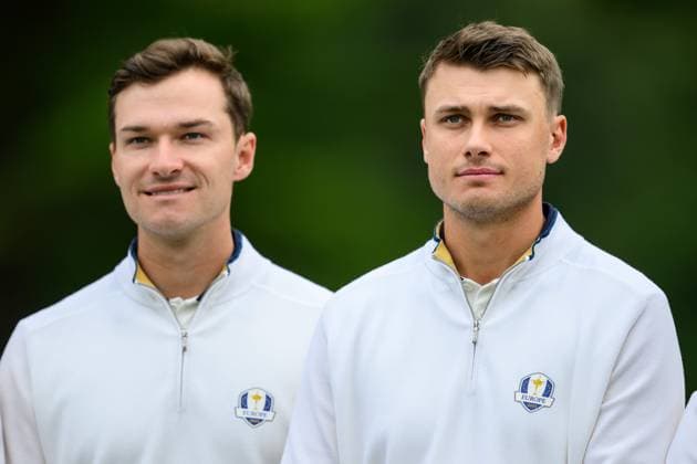 250923 Rasmus Hojgaard and Ludvig Aberg of Team Europe during a photo session on day -3 of the Ryder Cup on September 23, 2025 in New York. Photo: Jesper Zerman BILDBYRAN kod JZ JZ0614 golf ryder cup usa europe bbeng Copyright: JESPERxZERMAN BB250923JZ086
