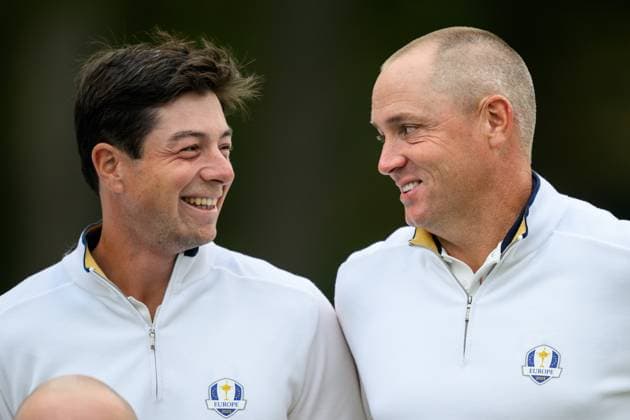 250923 Viktor Hovland anf Vice Captain Alex NorÃ n of Team Europe during a photo session on day -3 of the Ryder Cup on September 23, 2025 in New York. Photo: Jesper Zerman BILDBYRAN kod JZ JZ0614 golf ryder cup usa europe bbeng Copyright: JESPERxZERMAN BB250923JZ101