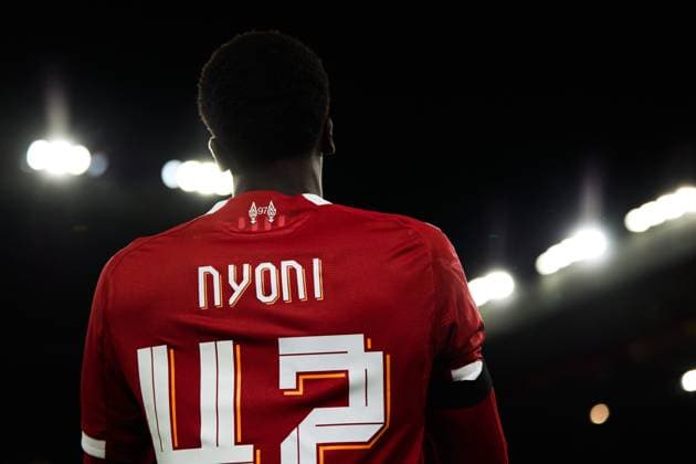 LIVERPOOL, ENGLAND - SEPTEMBER 23: Trey Nyoni of Liverpool during a EFL Carabao Cup 2025 26 match between Liverpool and Southampton at Anfield on September 23, 2025 in Liverpool, England. (Photo by Koby Abbott Sports Press Photo)  Copyright: xKobyxAbbottx Sportspressphoto_SPR30947