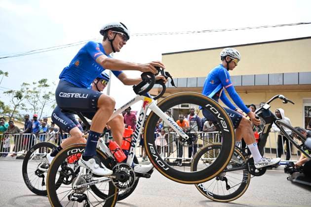 UCI 2025 Road World Championship, WM, Weltmeisterschaft Kigali 28 09 2025 KIGALI, RWANDA - SEPTEMBER 28 : the Italian Cycling team pictured during a training ride prior to the Men Elite cycling road race of the UCI Road World Championships 2025 92nd edition an UCI World Championships cycling race of 267.5 km with start in Kigali and finish in Kigali on September 28, 2025 in Kigali, Rwanda, 28 09 2025 Kigali Rwanda  Copyright: xJanxDexMeuleneirx