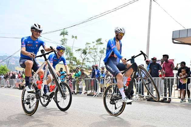 UCI 2025 Road World Championship, WM, Weltmeisterschaft Kigali 28 09 2025 KIGALI, RWANDA - SEPTEMBER 28 : the Italain Cycling team pictured during a training ride prior to the Men Elite cycling road race of the UCI Road World Championships 2025 92nd edition an UCI World Championships cycling race of 267.5 km with start in Kigali and finish in Kigali on September 28, 2025 in Kigali, Rwanda, 28 09 2025 Kigali Rwanda  Copyright: xJanxDexMeuleneirx
