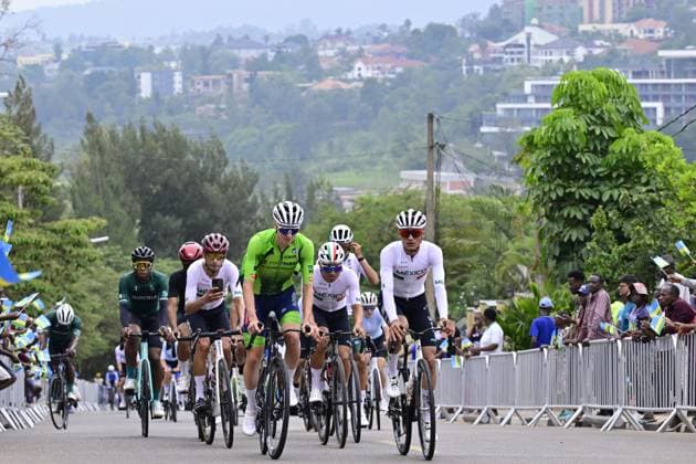 Slovenian Tadej Pogacar and Mexican Isaac Del Toro pictured in action during a training session at the track of the cycling road World Championships, in Kigali, Rwanda, Wednesday 24 September 2025. The 2025 UCI Road World Championships take place from 21 to 28 September in Kigali, Rwanda. DIRKxWAEM  x135145068x