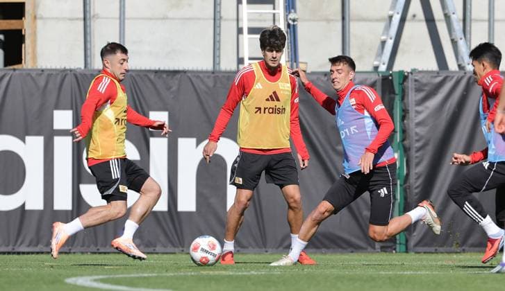 Josip Juranovic, Diogo Leite am Ball, Janik Haberer Zweikampf Spielszene Aktion Fußball Fussball Training 1.Bundesliga Herren DFL Saison 2025 2026 24.09.2025 1.FC Union Berlin FCU DFL regulations prohibit any use of photographs as image sequences and or quasi-video.