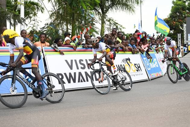 2025 UCI Road World Championships Picture by Simon Wilkinson SWpix.com - 24 09 2025 - Cycling - 2025 UCI Road World Championships - Kigali Convention Centre, Kigali, Rwanda - Team Time Trial Mixed Relay - Kimuli Arafat (Uganda), Lawrence Lorot (Uganda), Shafik Mugalu (Uganda) Copyright: x xSWpix.comx(t axPhotographyxHubxLtd)xSimonxWilkinson SWpix.comx SWP-3030-6329