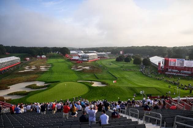 250924 View of hole 18 and 1 on day -2 of the Ryder Cup on September 24, 2025 in New York. Photo: Jesper Zerman BILDBYRAN kod JZ JZ0615 golf ryder cup day -2 bbeng Copyright: JESPERxZERMAN BB250924JZ001