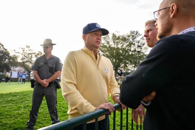 250924 Vice Captain Alex NorÃ n of Team Europe speaks to media on day -2 of the Ryder Cup on September 24, 2025 in New York. Photo: Jesper Zerman BILDBYRAN kod JZ JZ0615 golf ryder cup day -2 bbeng sverige Copyright: JESPERxZERMAN BB250924JZ005