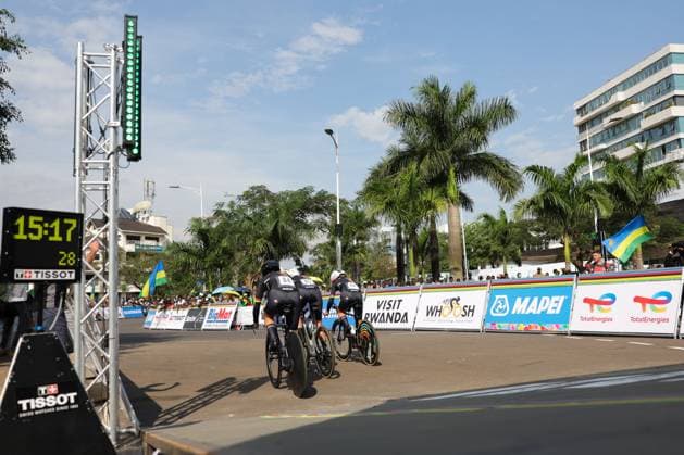 2025 UCI Road World Championships Picture by Alex Whitehead SWpix.com - 24 09 2025 - Cycling - 2025 UCI Road World Championships - Kigali Convention Centre, Kigali, Rwanda - Team Time Trial Mixed Relay - Lucie de Marignylagesse (Mauritius), Aurelie Halbwachs (Mauritius), Kim le Court (Mauritius) Copyright: x xSWpix.comx(t axPhotographyxHubxLtd)xAlexxWhitehead SWpix.comx SWP-3030-6371