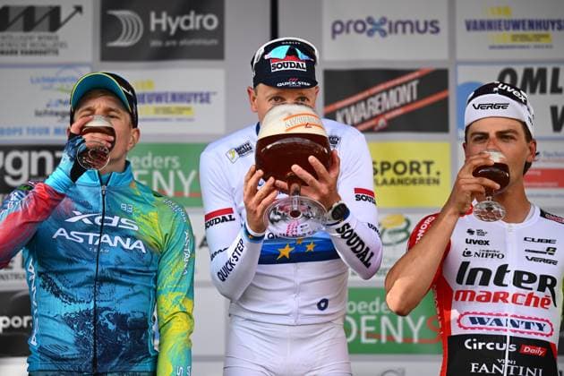 Omloop van Het Houtland 2025 Cycling Race LICHTERVELDE, BELGIUM - SEPTEMBER 24 : Merlier Tim (BEL) of Soudal - Quick Step, Kanter Max (GER) of XDS Astana Team and Marit Arne (BEL) of Intermarche - Wanty during the podium ceremony of the 78th edition of Omloop van Het Houtland an UCI Class 1.1 one day cycling road race for Men Elite of 198,7 km with start in Eernegem and finish in Lichtervelde on September 24, 2025 in Lichtervelde, Belgium, 24 09 2025 Lichtervelde Belgium  Copyright: xGvgx