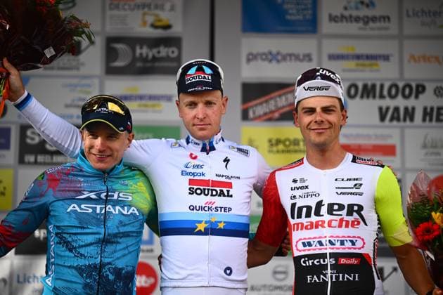 Omloop van Het Houtland 2025 Cycling Race LICHTERVELDE, BELGIUM - SEPTEMBER 24 : Merlier Tim (BEL) of Soudal - Quick Step, Kanter Max (GER) of XDS Astana Team and Marit Arne (BEL) of Intermarche - Wanty during the podium ceremony of the 78th edition of Omloop van Het Houtland an UCI Class 1.1 one day cycling road race for Men Elite of 198,7 km with start in Eernegem and finish in Lichtervelde on September 24, 2025 in Lichtervelde, Belgium, 24 09 2025 Lichtervelde Belgium  Copyright: xGvgx