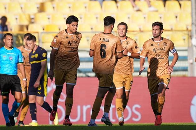 Spezia s Giuseppe Aurelio celebrates after scoring the 1-1 goal for his team during the round of 32 Frecciarossa Italian Cup 2025 2026 soccer match between Parma and Spezia at Ennio Tardini Stadium in Parma, North Italy, Wednesday, September 24, 2025. Soccer  Copyright: xMassimoxPaolone LaPressex