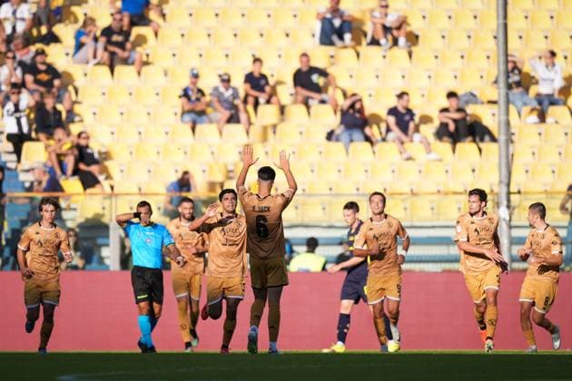 Spezia s Giuseppe Aurelio celebrates after scoring the 1-1 goal for his team during the round of 32 Frecciarossa Italian Cup 2025 2026 soccer match between Parma and Spezia at Ennio Tardini Stadium in Parma, North Italy, Wednesday, September 24, 2025. Soccer  Copyright: xMassimoxPaolone LaPressex