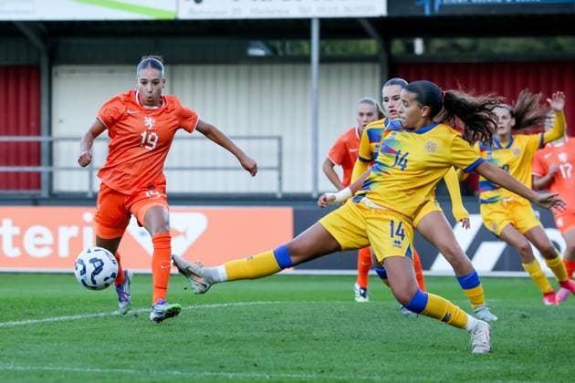 2025-09-24 Netherlands v Andorra - UEFA European Women s Under-17 Qualification match HARKEMA, NETHERLANDS - SEPTEMBER 24: Ulrike Mendes Ros of Netherlands is challenged by Chloe Izquierdo of Andorra during the UEFA European Women s Under-17 Qualification match match between Netherlands and Andorra at Sportpark De Bosk on September 24, 2025 in Harkema, Netherlands. Harkema Sportpark De Bosk Netherlands Content not available for redistribution in The Netherlands directly or indirectly through any third parties. Copyright: xPieterxvanxderxWoudex