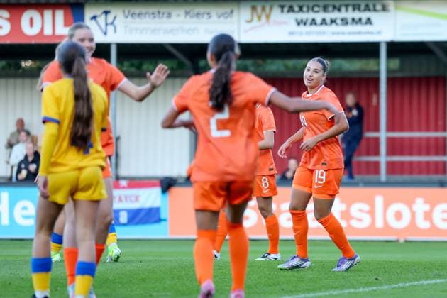 2025-09-24 Netherlands v Andorra - UEFA European Women s Under-17 Qualification match HARKEMA, NETHERLANDS - SEPTEMBER 24: Ulrike Mendes Ros of Netherlands celebrates after scoring his sides first goal during the UEFA European Women s Under-17 Qualification match match between Netherlands and Andorra at Sportpark De Bosk on September 24, 2025 in Harkema, Netherlands. Harkema Sportpark De Bosk Netherlands Content not available for redistribution in The Netherlands directly or indirectly through any third parties. Copyright: xPieterxvanxderxWoudex