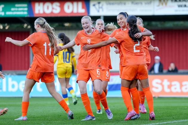 2025-09-24 Netherlands v Andorra - UEFA European Women s Under-17 Qualification match HARKEMA, NETHERLANDS - SEPTEMBER 24: Ulrike Mendes Ros of Netherlands celebrates after scoring his sides first goal during the UEFA European Women s Under-17 Qualification match match between Netherlands and Andorra at Sportpark De Bosk on September 24, 2025 in Harkema, Netherlands. Harkema Sportpark De Bosk Netherlands Content not available for redistribution in The Netherlands directly or indirectly through any third parties. Copyright: xPieterxvanxderxWoudex