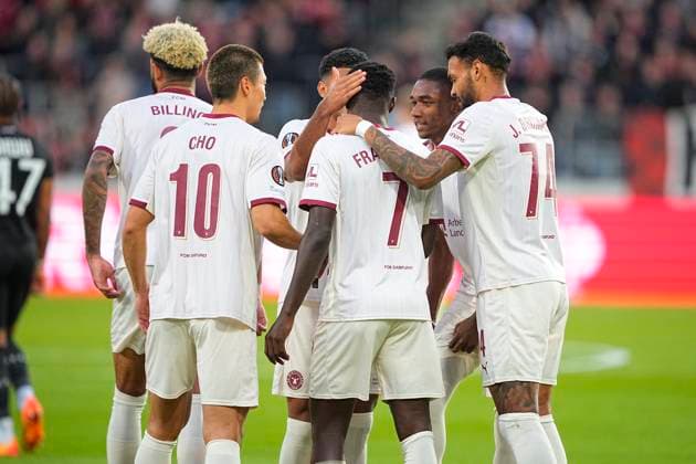 Denmark Europa League: FC Midtjylland - SK Sturm Graz FC Midtjylland s Franculino, center, have scored a goal during the Europa League match between FC Midtjylland and SK Sturm Graz at the MCH Arena in Herning on Wednesday, September 24, 2025 , Herning Denmark Copyright: BoxAmstrupx spdk20250924-185529-L