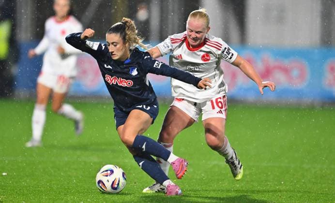 24.09.2025 - Fussball - Saison 2025 2026 - 1. Google Pixel Frauen Bundesliga - 04. Spieltag: TSG Hoffenheim - 1. FC Nürnberg FCN ( Club Clubfrauen ) - Sportfoto Zink - xwoxzix - Janna Grimm (26, TSG Hoffenheim ) Aleigh Gambone (16, 1. FC Nürnberg FCN )