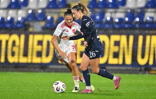 24.09.2025 - Fussball - Saison 2025 2026 - 1. Google Pixel Frauen Bundesliga - 04. Spieltag: TSG Hoffenheim - 1. FC Nürnberg FCN ( Club Clubfrauen ) - Sportfoto Zink - xwoxzix - Laura Miller (9, 1. FC Nürnberg FCN ) Janna Grimm (26, TSG Hoffenheim )