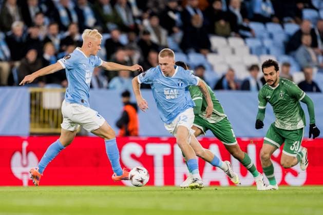 250924 Otto Rosengren and Daniel Gudjohnsen of Malmö FF during the UEFA Europa League football match between Malmö FF and Ludogorets on September 24, 2025 in Malmö. Photo: Petter Arvidson BILDBYRAN kod PA PA1085 fotboll, football, soccer, fotball,uefa europa league, europa le Copyright: PETTERxARVIDSON BB250924PA108