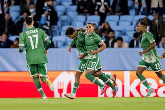 250924 Petar Stanic and Erick Marcus of Ludogorets celebrate after 0-1 during the UEFA Europa League football match between Malmö FF and Ludogorets on September 24, 2025 in Malmö. Photo: Petter Arvidson BILDBYRAN kod PA PA1085 fotboll football soccer fotball uefa europa league europa league malmö ff ludogorets bbeng jubel Copyright: PETTERxARVIDSON BB250924PA117