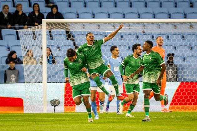MALMO FF - LUDOGORETS Petar Stanic, Erick Marcus of Ludogorets celebrate a goal during the UEFA Europa League, league stage match between Malmö FF and Ludogorets. Eleda Stadion, Malmo, Sweden, September 24, 2025. Photo by Branislav Racko Copyright: xx 080A0313