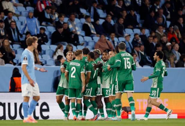 MALMÖ, SWEDEN 20250924 Ludogorets players celebrate after 0-1 on a penelty shot by Petar StaniÄ‡ during the Europa League football match between Malmö FF and PFK Ludogorets Razgrad at New Malmö Stadium (Eleda Stadion)in Malmö, Sweden September 25, 2025. MALMÖ SWEDEN x10600x