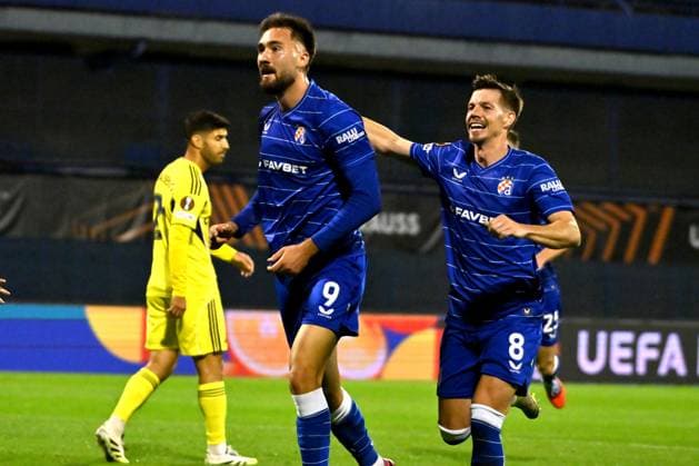 Zagreb, Croatia, September 24th 2025, Dion Beljo of Dinamo (C) in acelebrate score during the UEFA Europa League, League phase Matchday 1, match between Dinamo Zagreb (Croatia) and Fenerbahce (Turkey) at Stadium Maksimir, Zagreb, Croatia.(Photo by Igor Kupljenik Sports Press Photo)  Copyright: xIgorxKupljenikx xSPPx Sportspressphoto_SPR31292