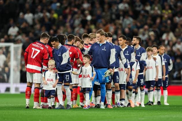 24th September 2025; Tottenham Hotspur Stadium, London, England; Carabao Cup Football, Tottenham Hotspur versus Doncaster Rovers; The teams great each other before kick off  HenningxvonxJagow