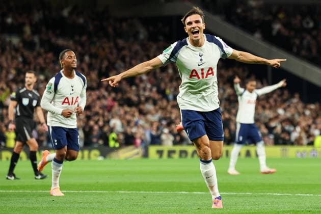 24th September 2025; Tottenham Hotspur Stadium, London, England; Carabao Cup Football, Tottenham Hotspur versus Doncaster Rovers; Jo& xe3;o Palhinha of Tottenham Hotspur celebrates scoring his sides 1st goal of the match in the 14th minute for 1-0 with an overhead kick  HenningxvonxJagow