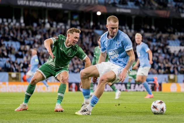 250924 Joel Andersson of Ludogorets and Daniel Gudjohnsen of Malmö FF during the UEFA Europa League football match between Malmö FF and Ludogorets on September 24, 2025 in Malmö. Photo: Petter Arvidson BILDBYRAN kod PA PA1085 fotboll football soccer fotball uefa europa league europa league malmö ff ludogorets bbeng bbauto Copyright: PETTERxARVIDSON BB250924PA172