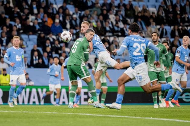 250924 Edvin Kurtulus of Ludogorets and Daniel Gudjohnsen of Malmö FF during the UEFA Europa League football match between Malmö FF and Ludogorets on September 24, 2025 in Malmö. Photo: Petter Arvidson BILDBYRAN kod PA PA1085 fotboll football soccer fotball uefa europa league europa league malmö ff ludogorets bbeng bbauto Copyright: PETTERxARVIDSON BB250924PA174