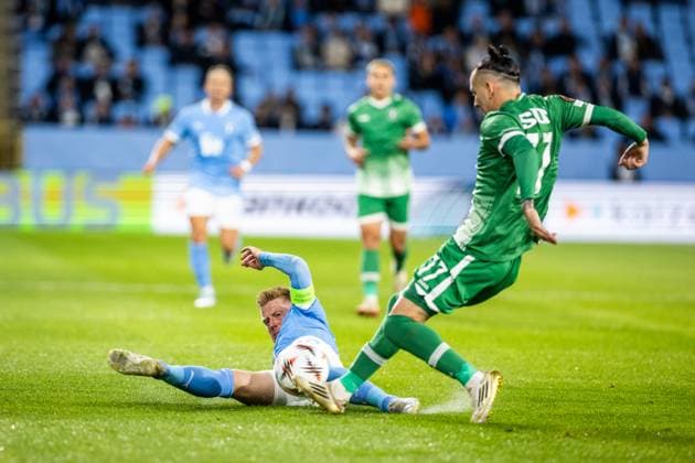 MALMO FF - LUDOGORETS Anders Christiansen of Malmö FF and Erick Marcus of Ludogorets during the UEFA Europa League, league stage match between Malmö FF and Ludogorets. Eleda Stadion, Malmo, Sweden, September 24, 2025. Photo by Branislav Racko Copyright: xx 080A0671