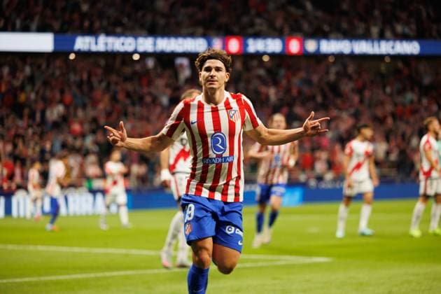Julian Alvarez seen celebrating after scoring goal during LaLiga EA SPORTS 25 26 game between teams of Atletico de Madrid and Rayo Vallecano at Estadio Civitas Metropolitano (Maciej Rogowski Ball Raw Images) Madrid Riyadh Air Metropolitano Spain Copyright: xMaciejxRogowskix maciejrogowski_atleticovsrayo25_26-13