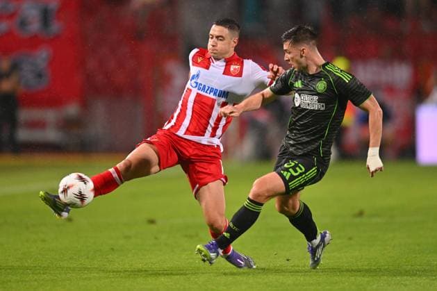CRVENA ZVEZDA vs CELTIC GLASGOW BRUNO DUARTE DA SILVA vs KIERAN TIERNEY football Crvena zvezda vs Celtic Glasgow UEFA Europa league match at Rajko Mitic stadium, Belgrade 24.09.2025 FOOTBALL, UEFA EUROPA LEAGUE, CRVENA ZVEZDA, RED STAR, CELTIC GLASGOW Belgrade Rajko Mitic stadium Serbia Copyright: xVMx xMNxPressx