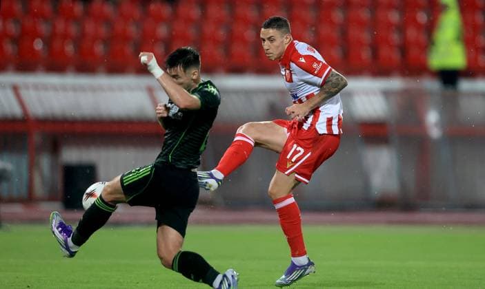 24.09.2025 Belgrade Beograd FK Crvena Zvezda(FC Red Star)-FC Celtic Europa League men s football Bruno Duarte(R D)Crvena Zvezda(Red Star) :