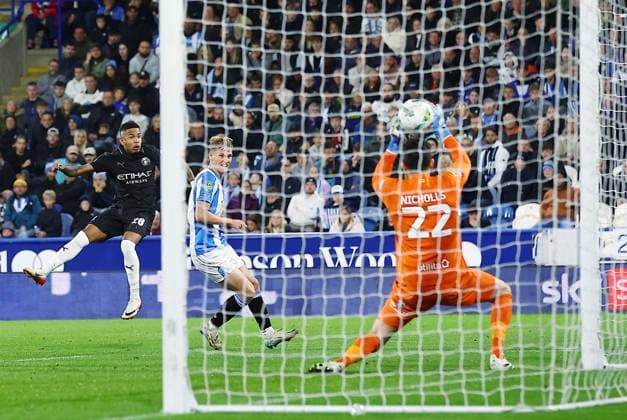 Savinho of Manchester City scores a goal to make it 0-2 Huddersfield Town v Manchester City, EFL Carabao Cup, Third Round, Football, Accu Stadium, Huddersfield, UK - 24 Sep 2025Huddersfield Accu Stadium United Kingdom EDITORIAL USE ONLY No use with unauthorised audio, video, data, fixture lists, club league logos or live services. Online in-match use limited to 120 images, no video emulation. No use in betting, games or single club league player publications. Copyright: xMattxWest Shutterstockx 15498595av