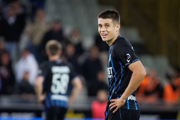 Club s Nicolo Tresoldi celebrates after scoring during a soccer match between Club Brugge and KVC Westerlo, Wednesday 24 September 2025 in Brugge, a catch-up game of day 5 of the 2025-2026 Jupiler Pro League first division of the Belgian championship. KURTxDESPLENTER  x135196075x